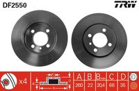 TRW DF2550 - Lado de montaje: Eje delantero<br>Dinámica de frenado / conducción: para vehículos sin ABS<br>Tipo de disco de frenos: macizo<br>Diámetro exterior [mm]: 260<br>Espesor de disco de frenos [mm]: 12,7<br>Espesor mínimo [mm]: 11,1<br>Diámetro de centrado [mm]: 66<br>Altura [mm]: 35<br>Número de orificios: 4<br>Medida de rosca: 15<br>corona de agujeros - Ø [mm]: 100<br>Color: negro<br>Superficie: barnizado<br>Homologación: E190R-02C0190/0112<br>