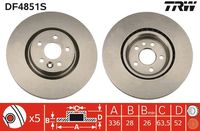 TRW DF4851S - Lado de montaje: Eje delantero<br>Tamaño de llanta [pulgada]: 16,0<br>Tipo de disco de frenos: ventilado<br>Diámetro exterior [mm]: 300<br>Espesor de disco de frenos [mm]: 28<br>Espesor mínimo [mm]: 26<br>Altura [mm]: 52<br>Número de orificios: 5<br>Diámetro de centrado [mm]: 63,5<br>corona de agujeros - Ø [mm]: 108<br>Medida de rosca: 15,75<br>Procesamiento: altamente carbonizado<br>Color: negro<br>Superficie: barnizado<br>Homologación: E190R-02C0176/0492<br>