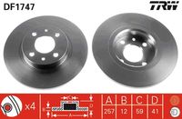 TRW DF1747 - Lado de montaje: Eje trasero<br>Tipo de disco de frenos: macizo<br>Diámetro exterior [mm]: 241<br>Espesor de disco de frenos [mm]: 11<br>Espesor mínimo [mm]: 9,2<br>Diámetro de centrado [mm]: 59<br>Altura [mm]: 40<br>Número de orificios: 4<br>Medida de rosca: 13<br>corona de agujeros - Ø [mm]: 98<br>Procesamiento: altamente carbonizado<br>Color: negro<br>Superficie: barnizado<br>Homologación: E190R-02C0190/0541<br>