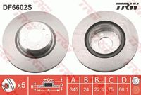 TRW DF6602S - Lado de montaje: Eje delantero<br>Frenos: para vehículos con freno de alto rendimiento M<br>Tipo de disco de frenos: ventilado<br>Tipo de disco de frenos: ranurado/perforado<br>Número de orificios: 5<br>Diámetro exterior [mm]: 370<br>Diámetro de centrado [mm]: 79<br>Altura [mm]: 73,1<br>Espesor de disco de frenos [mm]: 30<br>Espesor mínimo [mm]: 28,4<br>corona de agujeros - Ø [mm]: 120<br>Diámetro de orificio 1 [mm]: 16,5<br>Procesamiento: altamente carbonizado<br>Tipo de disco de frenos: disco de freno de dos piezas<br>SVHC: No hay información disponible, diríjase al fabricante.<br>