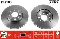 TRW DF2686 - Lado de montaje: Eje delantero<br>Diámetro exterior [mm]: 257<br>Tipo de disco de frenos: ventilado<br>Número de orificios: 4<br>Espesor de disco de frenos [mm]: 20<br>