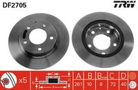 TRW DF2705 - Lado de montaje: Eje delantero<br>Tipo de disco de frenos: ventilado<br>Diámetro exterior [mm]: 258<br>Espesor de disco de frenos [mm]: 24<br>Espesor mínimo [mm]: 22<br>Diámetro de centrado [mm]: 72<br>Altura [mm]: 48,7<br>Número de orificios: 5<br>Medida de rosca: 13<br>corona de agujeros - Ø [mm]: 114<br>Procesamiento: altamente carbonizado<br>Color: negro<br>Superficie: barnizado<br>Homologación: E1 90R-02 C0176/0706<br>