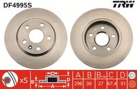 TRW DF4995S - Lado de montaje: Eje trasero<br>para POC: J61/J62<br>Diámetro exterior [mm]: 315<br>Diámetro de centrado [mm]: 67,3<br>Tipo de disco de frenos: ventilado<br>Altura [mm]: 48<br>Número de orificios: 5<br>Superficie: revestido<br>Espesor de disco de frenos [mm]: 23<br>