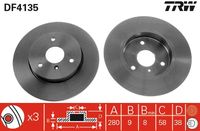 TRW DF4135 - Lado de montaje: Eje delantero<br>Diámetro exterior [mm]: 280<br>Tipo de disco de frenos: macizo<br>Altura [mm]: 38<br>Número de orificios: 3<br>Espesor de disco de frenos [mm]: 9,7<br>corona de agujeros - Ø [mm]: 112<br>Espesor mínimo [mm]: 8<br>