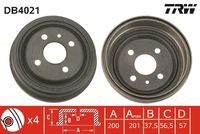 TRW DB4021 - Lado de montaje: Eje trasero<br>H tamb. freno interna [mm]: 53<br>Número de orificios: 4<br>Superficie: revestido<br>Diámetro de tambor [mm]: 200<br>Altura de construcción [mm]: 67<br>