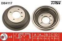 TRW DB4117 - Lado de montaje: Eje trasero<br>Diámetro interior de tambor de freno [mm]: 180<br>H tamb. freno interna [mm]: 42<br>H tamb. freno total [mm]: 82<br>Llanta, nº de taladros: 4<br>Diám. buje de rueda [mm]: 50<br>Diámetro exterior del tambor de freno [mm]: 220<br>Peso [kg]: 4,85<br>corona de agujeros - Ø [mm]: 114,3<br>Diám. buje de rueda 2[mm]: 42<br>