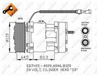 NRF 32750 - poleas - Ø [mm]: 119<br>Capacidad compresor [cc]: 190<br>ID compresor: 7H15<br>Aceite para compresor: PAG 46<br>Artículo complementario / información complementaria 2: con aceite de compresor PAG<br>Ø entrada [mm]: 17<br>Ø salida [mm]: 15<br>Número de canales: 8<br>Número de enchufes de contacto: 1<br>Capacidad aceite [ml]: 190<br>Agente frigorífico: R 134 a<br>Tensión [V]: 24<br>Artículo complementario / información complementaria 2: con acoplamiento magnético<br>Artículo complementario / información complementaria 2: con diodo<br>