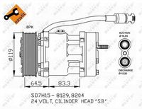 NRF 32751 - Restricción de fabricante: SANDEN-EQUIVALENT<br>Artículo complementario / información complementaria 2: con aceite de compresor PAG<br>ID compresor: SD7H15<br>Tensión [V]: 24<br>Aceite para compresor: PAG 46<br>Número de canales: 1<br>poleas - Ø [mm]: 133<br>Capacidad aceite [ml]: 150<br>Ø entrada [mm]: 16,4<br>Ø salida [mm]: 16,4<br>ID culata (compresor): QC<br>Calidad: OE-EQUIVALENT<br>Forma del enchufe: redondo<br>Artículo complementario / información complementaria 2: con junta tórica<br>