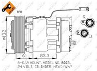 NRF 32753 - Restricción de fabricante: SANDEN-EQUIVALENT<br>Artículo complementario / información complementaria 2: con aceite de compresor PAG<br>Poleas: con polea múltiple<br>ID compresor: SD7H15<br>Tensión [V]: 24<br>Aceite para compresor: PAG 100<br>Número de canales: 8<br>poleas - Ø [mm]: 132<br>Capacidad aceite [ml]: 200<br>Ø entrada [mm]: 17,7<br>Ø salida [mm]: 14,6<br>ID culata (compresor): WV / WZ<br>Calidad: OE-EQUIVALENT<br>Forma del enchufe: redondo<br>Artículo complementario / información complementaria 2: con junta tórica<br>