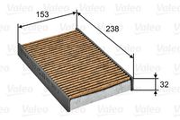 VALEO 701025 - Calefacción / Refrigeración: para vehículos con filtro de carbón activado<br>no para país producción vehículos: Japón<br>Tipo de filtro: Filtro de carbón activado<br>Longitud [mm]: 238<br>Ancho [mm]: 152<br>Altura [mm]: 32<br>Versión básica (art. n.º): 53.223.00<br>Versión de alta eficiencia con carbón activo (art. n.º): 34.285.00<br>