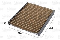 VALEO 701009 - año construcción hasta: 03/2012<br>Tipo de filtro: con efecto absorbedor de olores<br>Cantidad: 1<br>Tipo de filtro: Filtro de carbón activado<br>Longitud [mm]: 250<br>Ancho [mm]: 216<br>Altura [mm]: 30<br>