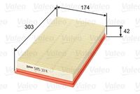 VALEO 585374 - Código de motor: 4GC<br>Tipo de filtro: Cartucho filtrante<br>Longitud [mm]: 317<br>Ancho [mm]: 150<br>Altura [mm]: 56<br>