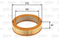 VALEO 585696 - Altura [mm]: 62<br>Tipo de filtro: Cartucho filtrante<br>Diámetro exterior [mm]: 232<br>Diám. int. 1 [mm]: 182<br>Diám. int. 2[mm]: 182<br>