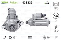 VALEO 438339 - Código de motor: CKRA<br>Restricción de fabricante: BOSCH<br>Restricción de fabricante: VALEO<br>Equipamiento de vehículo: para vehículos sin sistema Start&Stop<br>Tensión [V]: 12<br>Potencia nominal [kW]: 2<br>Número de dientes: 12<br>Número de orificios: 2<br>Sentido de giro: Sentido de giro a la izquierda (antihorario)<br>Posición/Grado: R  140<br>Pinza: NO<br>Peso [kg]: 3,66<br>