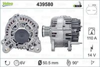 VALEO 439580 - Código de motor: BMN<br>Código de motor: CEGA<br>Restricción de fabricante: VALEO<br>Tensión [V]: 14<br>Corriente de carga alternador [A]: 110<br>Tipo de sujeción: Fijación de cuatro puntos<br>Posición/Grado: R  90<br>Sentido de giro: Sentido de giro a la derecha (horario)<br>Poleas: con polea<br>Poleas: con polea de rueda libre<br>Número de nervaduras: 6<br>poleas - Ø [mm]: 57<br>Conexión / terminal/borne: sin conexión para cuentarrevoluciones<br>Pinza: B+<br>Peso [kg]: 6,18<br>