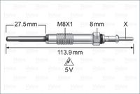 VALEO 345223 - Longitud [mm]: 114<br>Tamaño de rosca exterior: M8 x 1<br>Ancho de llave: 8<br>Tensión [V]: 4,4<br>Tipo de bujías: Calentador metálico<br>Peso [kg]: 0,02<br>