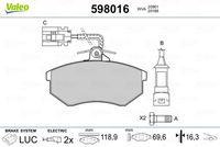 VALEO 598016 - Lado de montaje: Eje delantero<br>Sistema de frenos: KELSEY HAYES<br>Ancho [mm]: 138,3<br>Altura [mm]: 51,3<br>Espesor [mm]: 19,5<br>Ancho 2 [mm]: 138,3<br>Altura 2 [mm]: 48,9<br>Espesor/grosor 2 [mm]: 19,5<br>Número de WVA: 20887<br>Número de WVA: 20888<br>Contacto avisador de desgaste: excl. contacto de avisador de desgaste<br>Artículo complementario / información complementaria 2: sin chapa antichirridos<br>Homologación: ECE-R90<br>Peso [kg]: 1,3<br>