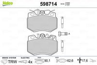 VALEO 598714 - Lado de montaje: Eje delantero<br>Sistema de frenos: BENDIX<br>Ancho [mm]: 105<br>Altura [mm]: 54,4<br>Espesor [mm]: 18<br>Número de WVA: 21061<br>Número de WVA: 20906<br>Contacto avisador de desgaste: con contacto avisador de desgaste<br>Número de indicadores de desgaste [por eje]: 4<br>Longitud contacto de aviso [mm]: 375<br>Tipo de servicio: eléctrico<br>Artículo complementario / información complementaria 2: sin chapa antichirridos<br>Homologación: ECE-R90<br>Peso [kg]: 1,13<br>