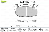 VALEO 598155 - Lado de montaje: Eje delantero<br>Sistema de frenos: BENDIX<br>Ancho [mm]: 105<br>Altura [mm]: 53,4<br>Espesor [mm]: 18<br>Número de WVA: 21061<br>Contacto avisador de desgaste: excl. contacto de avisador de desgaste<br>Artículo complementario / información complementaria 2: sin chapa antichirridos<br>Homologación: ECE-R90<br>Peso [kg]: 1,25<br>