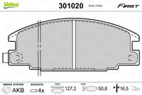 VAICO V408025 - Lado de montaje: Eje delantero<br>Restricción de fabricante: AKEBONO<br>Contacto avisador de desgaste: con avisador acústico de desgaste<br>Homologación: E1 90R 01024/006<br>Altura [mm]: 50,8<br>Ancho [mm]: 127<br>Espesor [mm]: 16,5<br>SVHC: No hay información disponible, diríjase al fabricante.<br>