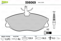 VALEO 598069 - año construcción desde: 08/2001<br>año construcción hasta: 01/2005<br>Lado de montaje: Eje trasero<br>Sistema de frenos: BENDIX<br>Ancho [mm]: 105,3<br>Altura [mm]: 54,9<br>Espesor [mm]: 11<br>Número de WVA: 20974<br>Contacto avisador de desgaste: excl. contacto de avisador de desgaste<br>Artículo complementario / información complementaria 2: sin chapa antichirridos<br>Homologación: ECE-R90<br>Peso [kg]: 0,89<br>