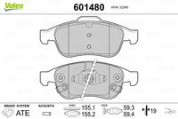 VALEO 601480 - año construcción hasta: 08/2018<br>Lado de montaje: Eje delantero<br>Lado de montaje: Eje trasero<br>Sistema de frenos: KELSEY HAYES<br>Ancho [mm]: 140<br>Altura [mm]: 56<br>Espesor [mm]: 18<br>Ancho 2 [mm]: 142<br>Altura 2 [mm]: 60<br>Espesor/grosor 2 [mm]: 18<br>Número de WVA: 23339<br>Contacto avisador de desgaste: excl. contacto de avisador de desgaste<br>Artículo complementario / información complementaria 2: Chapa antichirridos<br>Homologación: ECE-R90<br>Peso [kg]: 1,325<br>