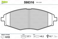 VALEO 598316 - Lado de montaje: Eje delantero<br>Sistema de frenos: AKEBONO<br>Ancho [mm]: 127<br>Altura [mm]: 48,3<br>Espesor [mm]: 15,8<br>Número de WVA: 23241<br>Contacto avisador de desgaste: excl. contacto de avisador de desgaste<br>Artículo complementario / información complementaria 2: sin chapa antichirridos<br>Homologación: ECE-R90<br>Peso [kg]: 1,42<br>