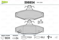 VALEO 598854 - año construcción desde: 08/1999<br>año construcción hasta: 07/2005<br>Lado de montaje: Eje delantero<br>Sistema de frenos: AKEBONO<br>Ancho [mm]: 137<br>Altura [mm]: 54,3<br>Espesor [mm]: 16,8<br>Número de WVA: 21727<br>Contacto avisador de desgaste: con contacto avisador de desgaste<br>Número de indicadores de desgaste [por eje]: 2<br>Tipo de servicio: mecánico<br>Artículo complementario / información complementaria 2: sin chapa antichirridos<br>Homologación: ECE-R90<br>Peso [kg]: 1,54<br>