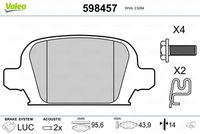 VALEO 598457 - Lado de montaje: Eje trasero<br>Sistema de frenos: TRW<br>Ancho [mm]: 96<br>Altura [mm]: 43,9<br>Espesor [mm]: 14<br>Número de WVA: 23284<br>Contacto avisador de desgaste: excl. contacto de avisador de desgaste<br>Artículo complementario / información complementaria 2: sin chapa antichirridos<br>Homologación: ECE-R90<br>