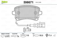 VALEO 598671 - Código de motor: DMZA<br>para diámetro disco de freno [mm]: 308<br>Número de PR: 2E3<br>Espesor [mm]: 17,9<br>Altura [mm]: 72<br>Contacto avisador de desgaste: no preparado para indicador de desgaste<br>Contacto avisador de desgaste: excl. contacto de avisador de desgaste<br>Lado de montaje: Eje delantero<br>