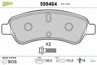 VALEO 598464 - Lado de montaje: Eje delantero<br>Sistema de frenos: BOSCH<br>Ancho [mm]: 137,1<br>Altura [mm]: 51,5<br>Espesor [mm]: 19<br>Número de WVA: 24101<br>Contacto avisador de desgaste: excl. contacto de avisador de desgaste<br>Artículo complementario / información complementaria 2: Chapa antichirridos<br>Homologación: ECE-R90<br>Peso [kg]: 1,36<br>