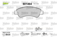 VALEO 601464 - Lado de montaje: Eje delantero<br>Sistema de frenos: BOSCH<br>Artículo complementario / información complementaria 2: con tornillos<br>Ancho [mm]: 137<br>Altura [mm]: 51,6<br>Espesor [mm]: 19<br>Número de WVA: 23599<br>Número de WVA: 23954<br>Número de WVA: 24101<br>Contacto avisador de desgaste: excl. contacto de avisador de desgaste<br>Artículo complementario / información complementaria 2: sin chapa antichirridos<br>Homologación: ECE-R90<br>Peso [kg]: 1,465<br>