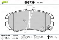 VALEO 598739 - Lado de montaje: Eje trasero<br>Sistema de frenos: MANDO<br>Ancho [mm]: 86<br>Altura [mm]: 46,3<br>Espesor [mm]: 14,4<br>Ancho 2 [mm]: 86<br>Altura 2 [mm]: 46,3<br>Espesor/grosor 2 [mm]: 14,4<br>Número de WVA: 21553<br>Contacto avisador de desgaste: con contacto avisador de desgaste<br>Número de indicadores de desgaste [por eje]: 2<br>Tipo de servicio: mecánico<br>Artículo complementario / información complementaria 2: Chapa antichirridos<br>Homologación: ECE-R90<br>Peso [kg]: 0,82<br>