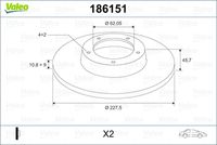 VALEO 186151 - Lado de montaje: Eje delantero<br>Tipo de disco de frenos: macizo<br>Diámetro exterior [mm]: 228<br>Espesor de disco de frenos [mm]: 10,8<br>Espesor mínimo [mm]: 9<br>Diámetro de centrado [mm]: 62<br>Altura [mm]: 46<br>Número de orificios: 4<br>Medida de rosca: 13,2<br>corona de agujeros - Ø [mm]: 98<br>Color: negro<br>Superficie: barnizado<br>Homologación: E190R-02 C0190/0628<br>SVHC: No hay información disponible, diríjase al fabricante.<br>