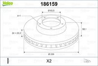 VALEO 186159 - Lado de montaje: Eje delantero<br>Diámetro [mm]: 239,5<br>Espesor de disco de frenos [mm]: 24<br>Espesor mínimo [mm]: 22,2<br>Altura [mm]: 58,1<br>Diámetro de centrado [mm]: 63,6<br>Número de orificios: 4<br>Tipo de disco de frenos: ventilado<br>Peso [kg]: 4,5<br>Diámetro exterior [mm]: 240<br>