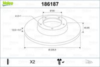 VALEO 186187 - Altura de bujes de discos de freno [mm]: 28,2<br>Llanta, nº de taladros: 4<br>Altura [mm]: 41<br>Tipo de disco de frenos: macizo<br>Espesor de disco de frenos [mm]: 12,7<br>Espesor mínimo [mm]: 9,7<br>Diámetro exterior [mm]: 236<br>Diámetro de centrado [mm]: 60<br>corona de agujeros - Ø [mm]: 100<br>Lado de montaje: Eje delantero<br>