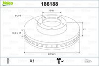 VALEO 186188 - Lado de montaje: Eje delantero<br>Llanta, nº de taladros: 4<br>Altura [mm]: 41<br>Tipo de disco de frenos: ventilado<br>Espesor de disco de frenos [mm]: 20<br>Espesor mínimo [mm]: 18<br>Diámetro exterior [mm]: 236<br>Diámetro de centrado [mm]: 59<br>corona de agujeros - Ø [mm]: 100<br>Altura de bujes de discos de freno [mm]: 21<br>