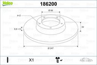 VALEO 186200 - Altura de bujes de discos de freno [mm]: 13,8<br>Lado de montaje: Eje delantero<br>Llanta, nº de taladros: 4<br>Altura [mm]: 34,2<br>Tipo de disco de frenos: ventilado<br>Espesor de disco de frenos [mm]: 20,4<br>Espesor mínimo [mm]: 18,5<br>Diámetro exterior [mm]: 247<br>Diámetro de centrado [mm]: 66<br>corona de agujeros - Ø [mm]: 108<br>