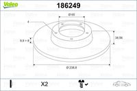 VALEO 186249 - Homologación: K.B.A.: 61210<br>Peso [kg]: 3,2<br>Lado de montaje: Eje delantero<br>Diámetro [mm]: 239<br>Espesor de disco de frenos [mm]: 10<br>Espesor mínimo [mm]: 8<br>Altura [mm]: 38,6<br>Diámetro de centrado [mm]: 65<br>Número de orificios: 4<br>Tipo de disco de frenos: macizo<br>Diámetro exterior [mm]: 239<br>