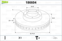 VALEO 186604 - Tamaño de llanta [pulgada]: 14,0<br>Lado de montaje: Eje delantero<br>Tipo de disco de frenos: ventilado<br>Diámetro exterior [mm]: 256<br>Espesor de disco de frenos [mm]: 22<br>Diámetro de centrado [mm]: 65<br>Altura [mm]: 36,7<br>Espesor mínimo [mm]: 19<br>Llanta, nº de taladros: 5<br>Cantidad de agujeros de fijación: 1<br>Artículo complementario / información complementaria 2: con tornillo<br>Cantidad taladros 1: 1<br>Homologación: ECE-R90<br>Peso [kg]: 5,39<br>