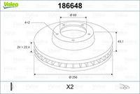 VALEO 186648 - Tamaño de llanta [pulgada]: 15,0<br>Lado de montaje: Eje delantero<br>Altura de bujes de discos de freno [mm]: 21,8<br>Llanta, nº de taladros: 4<br>Altura [mm]: 45,7<br>Tipo de disco de frenos: ventilado<br>Espesor de disco de frenos [mm]: 23,9<br>Espesor mínimo [mm]: 21,5<br>Diámetro exterior [mm]: 281<br>Diámetro de centrado [mm]: 69<br>corona de agujeros - Ø [mm]: 114,3<br>