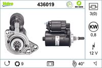 VALEO 436019 - año construcción desde: 11/1995<br>año construcción hasta: 06/1996<br>N.º de chasis (VIN) desde: T-099 001<br>Clase de caja de cambios: Caja de cambios manual, 5 marchas<br>Tensión [V]: 12<br>Potencia nominal [kW]: 0,8<br>Nº de dientes 1: 9<br>Número de dientes: 10<br>Número de orificios: 3<br>Sentido de giro: Sentido de giro a la izquierda (antihorario)<br>Posición/Grado: L  40<br>Pinza: 15A<br>Diámetro de brida [mm]: 76<br>Peso [kg]: 5,22<br>