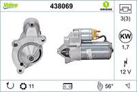 VALEO 438069 - año construcción desde: 09/2000<br>Clase de caja de cambios: Caja de cambios manual, 5 marchas<br>Tensión [V]: 12<br>Potencia nominal [kW]: 1,4<br>Número de dientes: 11<br>Número de orificios: 3<br>Cant. taladros roscados: 3<br>Sentido de giro: Sentido de giro a la derecha (horario)<br>Posición/Grado: R  35<br>Pinza: NO<br>Diámetro de brida [mm]: 67<br>Peso [kg]: 3,85<br>