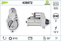 VALEO 438072 - Tensión [V]: 12<br>Potencia nominal [kW]: 1,7<br>Nº de dientes 1: 10<br>Número de dientes: 11<br>Número de orificios: 2<br>Sentido de giro: Sentido de giro a la izquierda (antihorario)<br>Posición/Grado: L  42<br>Pinza: NO<br>Peso [kg]: 4,786<br>