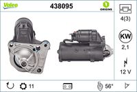 VALEO 438095 - año construcción hasta: 10/2008<br>Código de motor: F9Q.8.03,F9Q.8.16<br>Código de motor: F9Q.8.18<br>Clase de caja de cambios: Caja de cambios manual, 6 marchas<br>Clase de caja de cambios: Automática, 4 vel.<br>Tensión [V]: 12<br>Potencia nominal [kW]: 1,9<br>Número de dientes: 11<br>Número de orificios: 4<br>Cant. taladros roscados: 3<br>Sentido de giro: Sentido de giro a la derecha (horario)<br>Posición/Grado: R  56<br>Pinza: NO<br>Diámetro de brida [mm]: 66<br>Peso [kg]: 3,96<br>