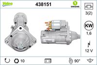 VALEO 438151 - Tensión [V]: 12<br>Potencia nominal [kW]: 1,6<br>Número de dientes: 10<br>Número de orificios: 3<br>Cant. taladros roscados: 2<br>Sentido de giro: Sentido de giro a la derecha (horario)<br>Posición/Grado: R  90<br>Diámetro de brida [mm]: 74<br>Peso [kg]: 3,65<br>