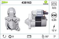 VALEO 438163 - Restricción de fabricante: MITSUBISHI<br>Tensión [V]: 12<br>Potencia nominal [kW]: 0,85<br>Número de dientes: 8<br>Número de orificios: 3<br>Cant. taladros roscados: 3<br>Sentido de giro: Sentido de giro a la derecha (horario)<br>Posición/Grado: R  50<br>Peso [kg]: 3,28<br>