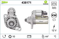 VALEO 438171 - Código de motor: CAVD<br>Código de motor: CTHD<br>Clase de caja de cambios: Caja de cambios manual, 6 marchas<br>Restricción de fabricante: VALEO<br>Tensión [V]: 12<br>Potencia nominal [kW]: 1,1<br>Número de dientes: 10<br>Número de orificios: 3<br>Sentido de giro: Sentido de giro a la izquierda (antihorario)<br>Posición/Grado: R  135<br>Pinza: NO<br>Diámetro de brida [mm]: 76<br>Peso [kg]: 3,16<br>