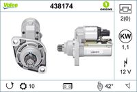 VALEO 438174 - Clase de caja de cambios: Caja de cambios manual, 6 marchas<br>Tensión [V]: 12<br>Potencia nominal [kW]: 1,1<br>Número de dientes: 10<br>Número de orificios: 2<br>Sentido de giro: Sentido de giro a la izquierda (antihorario)<br>Posición/Grado: R  140<br>Pinza: NO<br>Diámetro de brida [mm]: 76<br>Peso [kg]: 3,254<br>