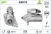 VALEO 438175 - Código de motor: BLS<br>Código de motor: BXE<br>Restricción de fabricante: BOSCH<br>Restricción de fabricante: VALEO<br>Tensión [V]: 12<br>Potencia nominal [kW]: 2<br>Nº de dientes 1: 10<br>Nº de dientes 2: 11<br>Número de orificios: 3<br>Sentido de giro: Sentido de giro a la izquierda (antihorario)<br>Posición/Grado: R  134<br>Diámetro de brida [mm]: 76<br>Peso [kg]: 3,682<br>